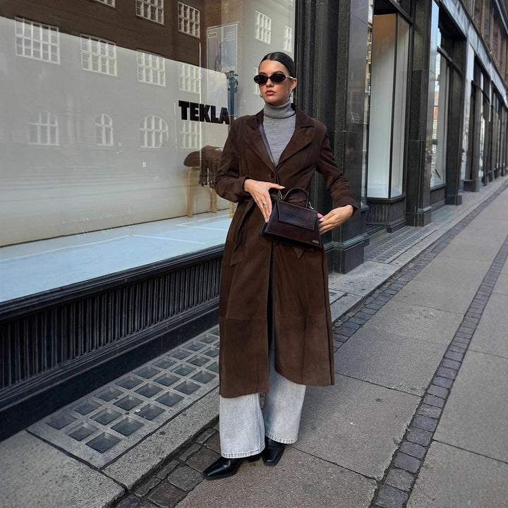 Elegant suede coat for ladies with waist belt Lune London