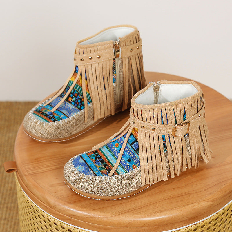 Short fringe boots for women made of high-quality fabric with a colorful ethnic pattern Lune London