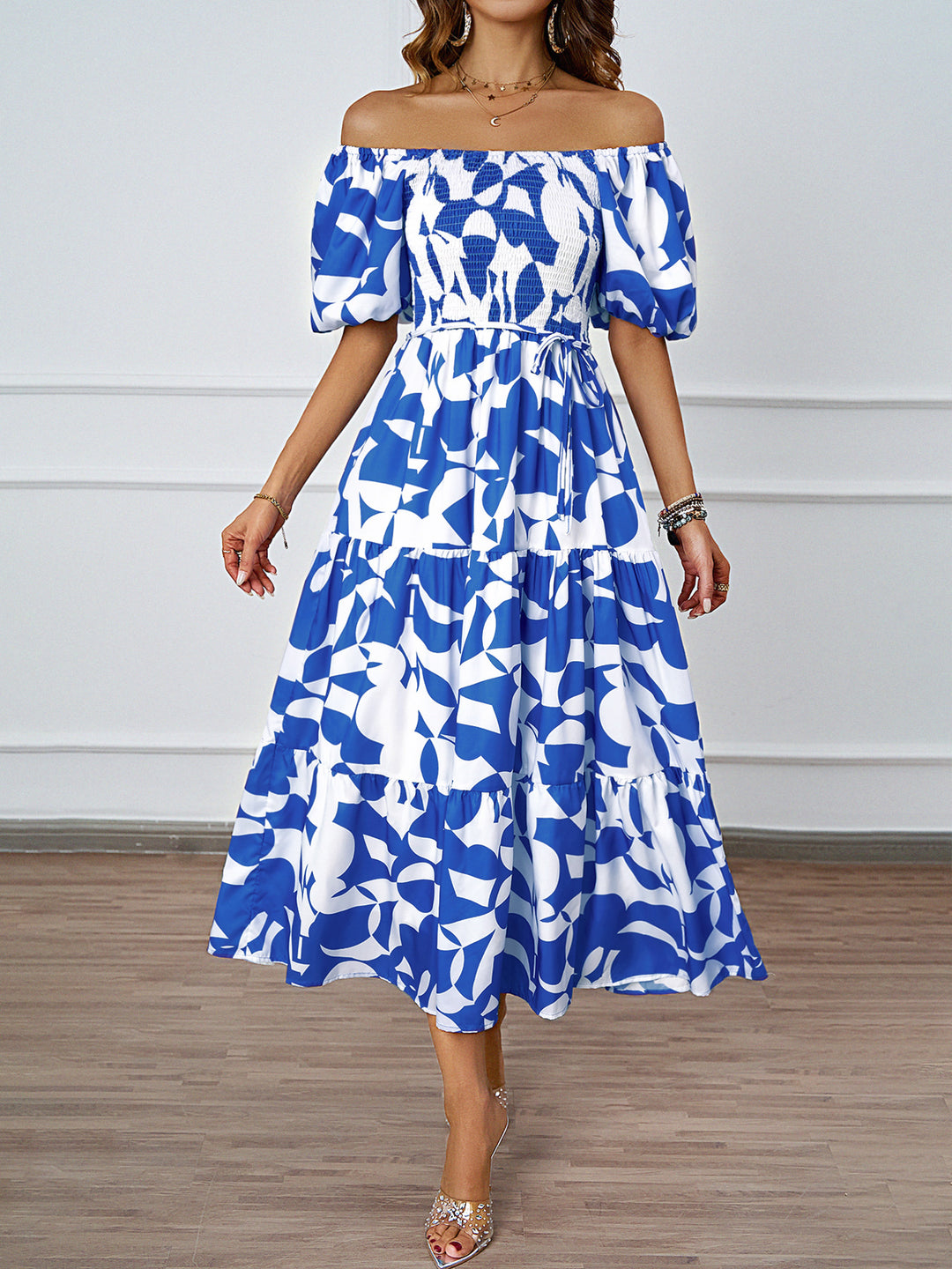 Maxi Dress for Women with Off-Shoulder, Voluminous Sleeves and Chic & Stylish Print