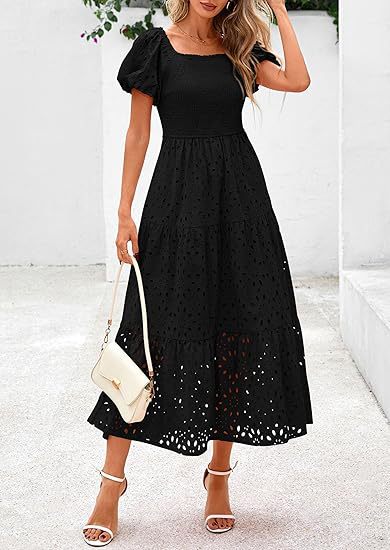 Maxi dress for women with decorative cut-out pattern and puff sleeves Lune London