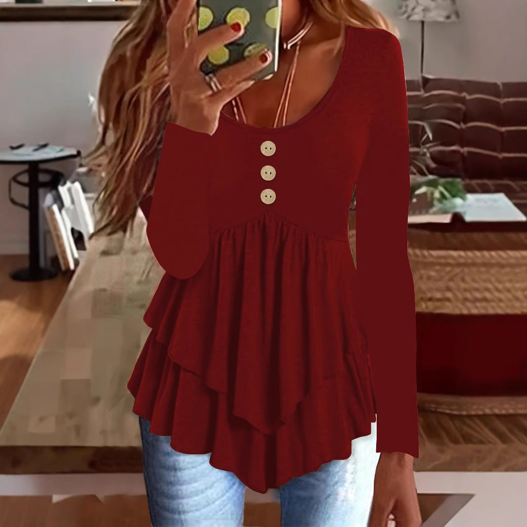 Long sleeve women's blouse with layered design and decorative button details Lune London