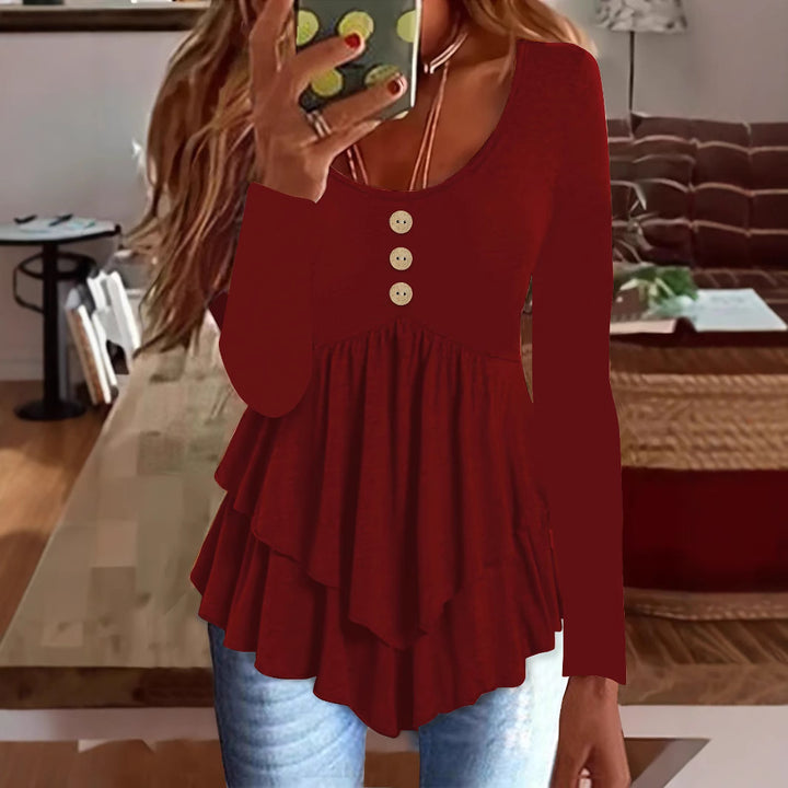 Long sleeve women's blouse with layered design and decorative button details Lune London