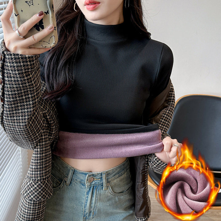 Women's Long Sleeve Cropped Top with High Collar and Ribbed Texture Chic & Stil