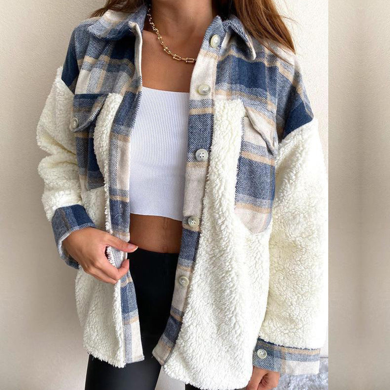 Ladies Cozy Puffer Jacket with Chic Plaid Panel and Style