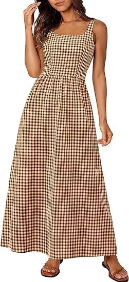 Robe maxi femme à motif à carreaux classique avec bretelles réglables et taille élastique Chic & Stil