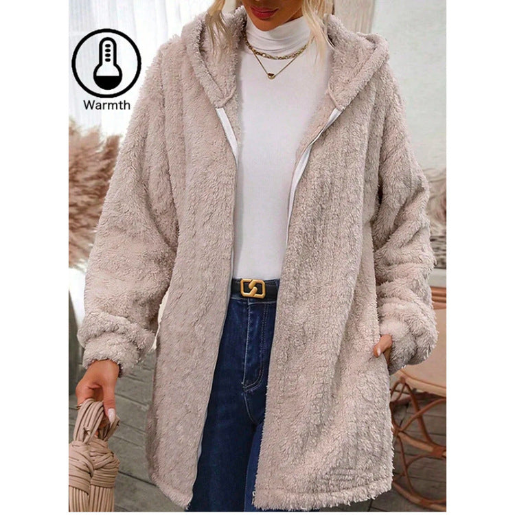 Women Plush Hooded Jacket with Deep Collar and Side Pockets Lune London