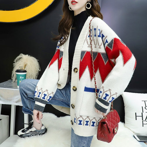 Knitted jacket for women with a colorful design and large buttons Lune London