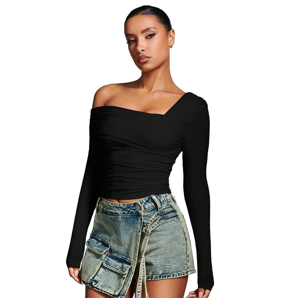 Chic & Stil Stylish asymmetrical long sleeve t-shirt for women with ruffle design