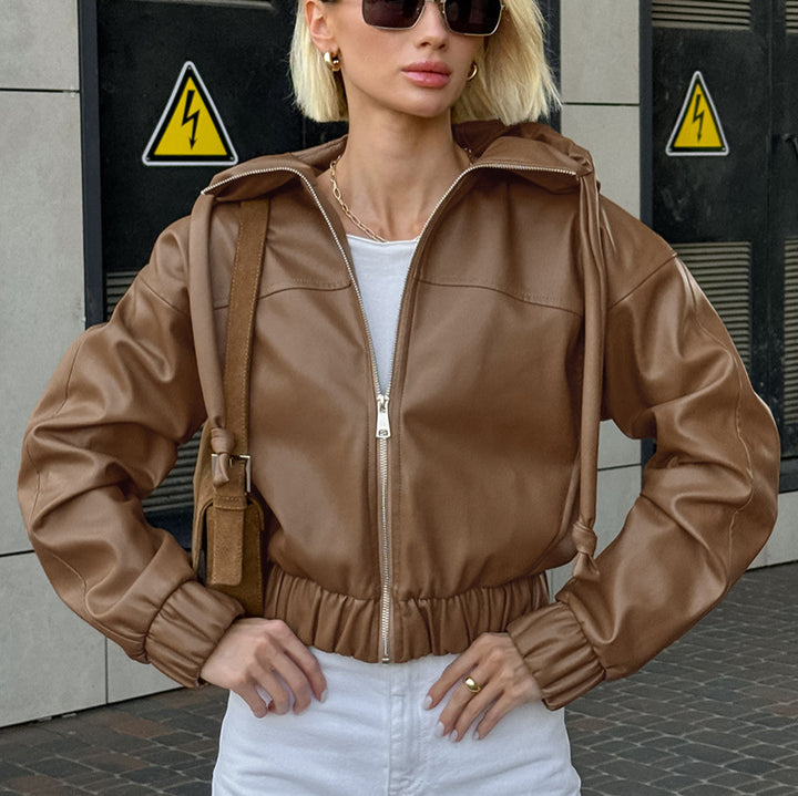 Trendy faux leather jacket for women with hood and elastic belt Lune London