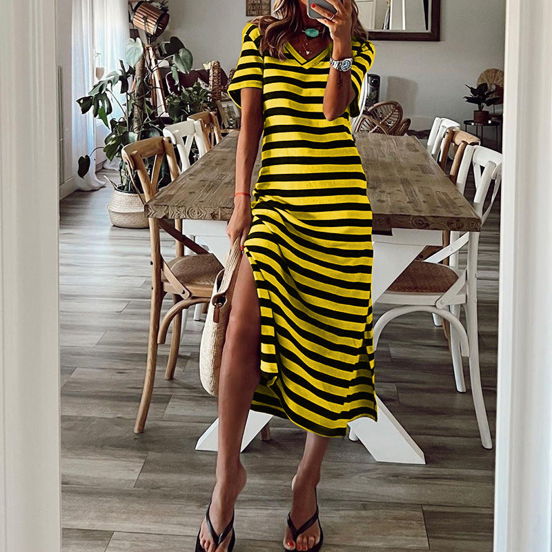 Maxi dress for women with deep side slit and trendy striped pattern Lune London