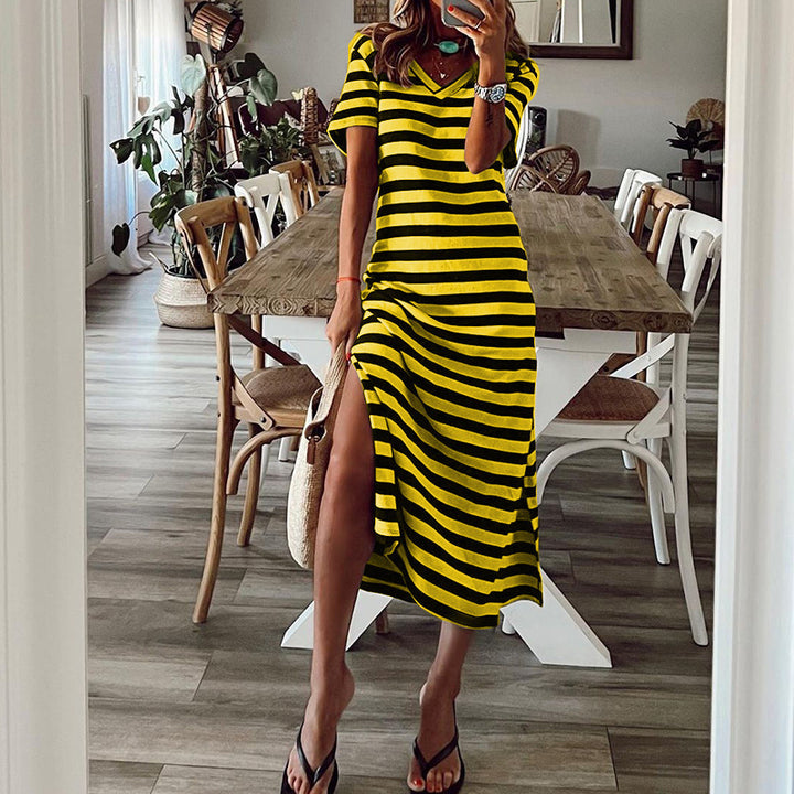 Maxi dress for women with deep side slit and trendy striped pattern Lune London