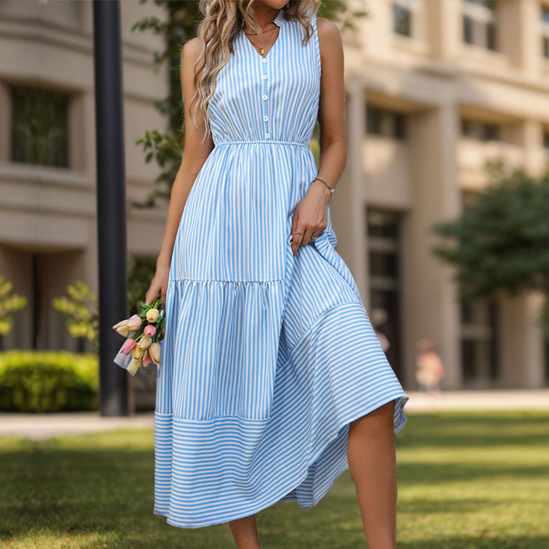 Striped maxi dress for ladies with button design Lune London