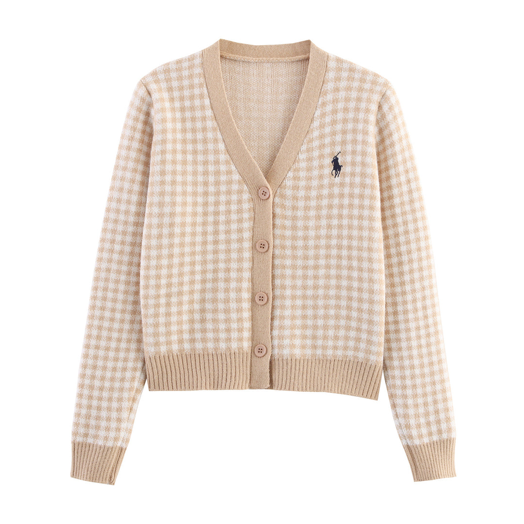 Women's knitted jacket with plaid pattern and button details Lune London