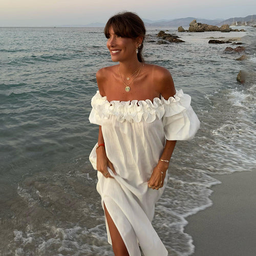 Summer maxi dress for women with ruffle details and a high slit Lune London