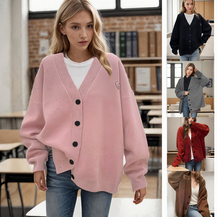 Ladies Chunky Knit Cardigan with oversized cut and decorative heart pattern Lune London
