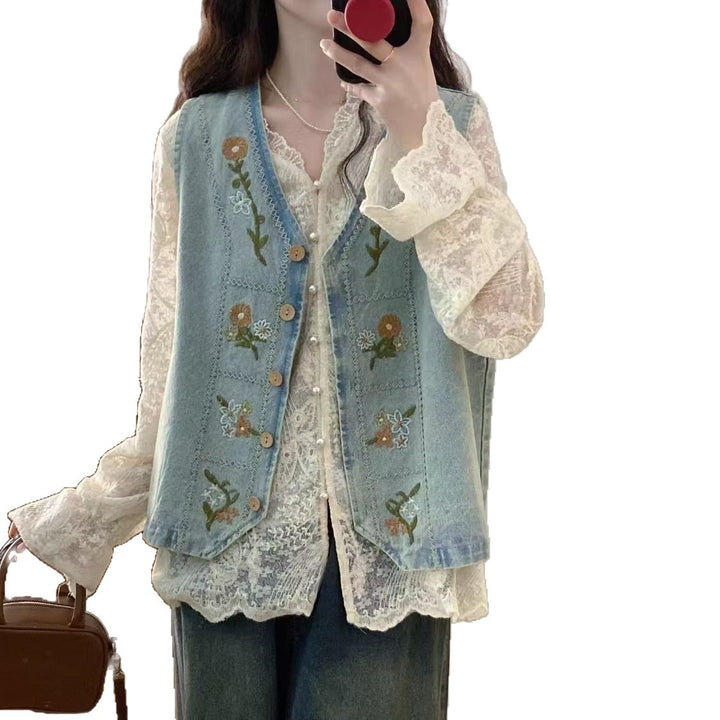 Gilet en denim pour femmes avec motif floral brodé Chic & Stil