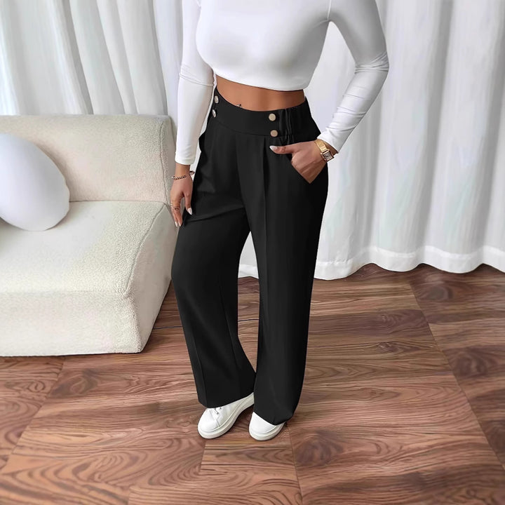 High-waisted palazzo pants for women with side pockets and decorative button details Lune London