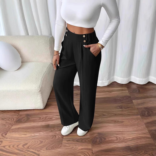 High-waisted palazzo pants for women with side pockets and decorative button details Lune London