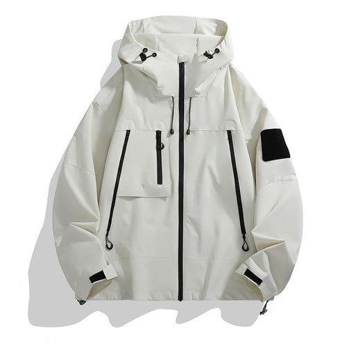 Technical outer jacket for men with adjustable hood design and multifunctional pockets Lune London