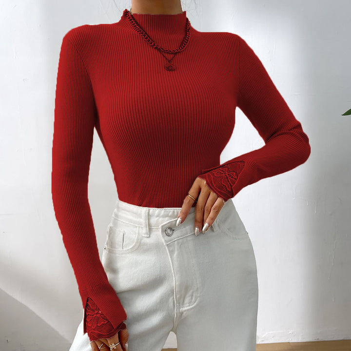 Long sweater with long sleeves for women with lace sleeves and fitted cut Lune London