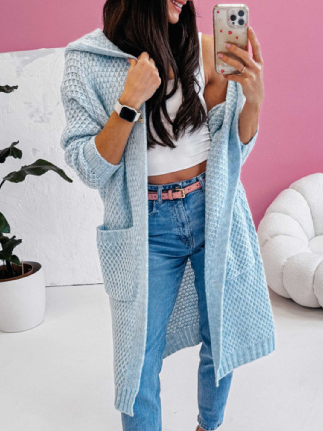 Knitted coat for women with a breathable mesh structure and practical pockets Lune London