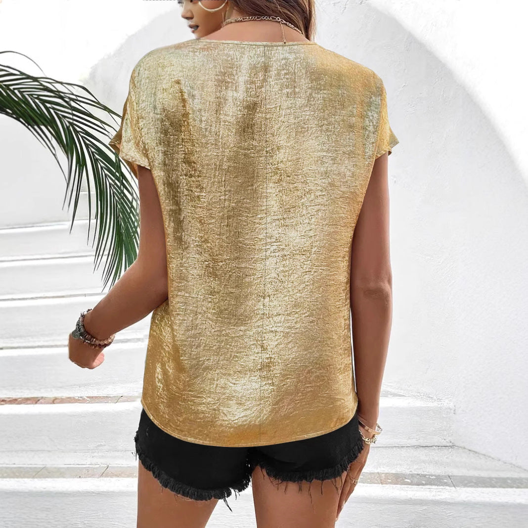Ladies Short Sleeve Shiny V Neck Top Chic and Stylish
