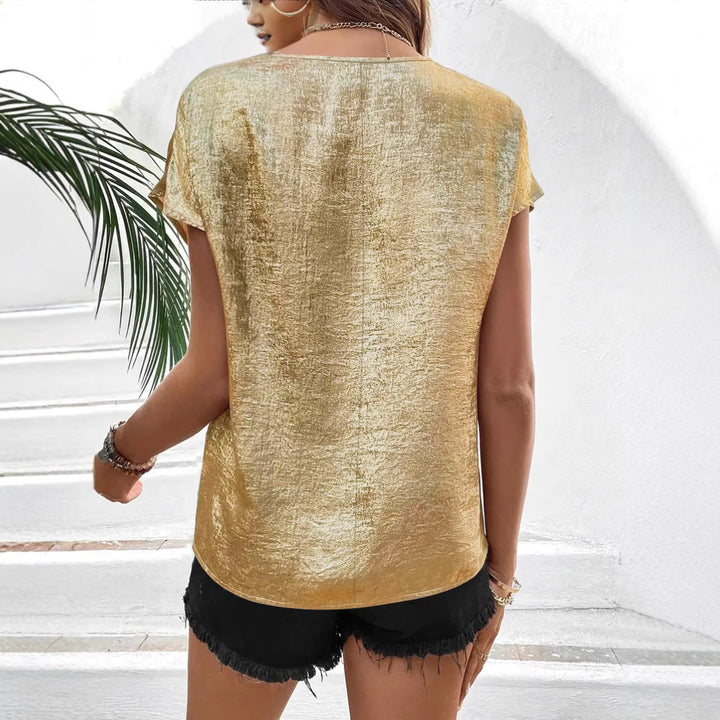 Ladies Short Sleeve Shiny V Neck Top Chic and Stylish