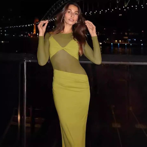 Ladies Elegant Maxi Dress with Transparent Inserts and Chic Ruffles