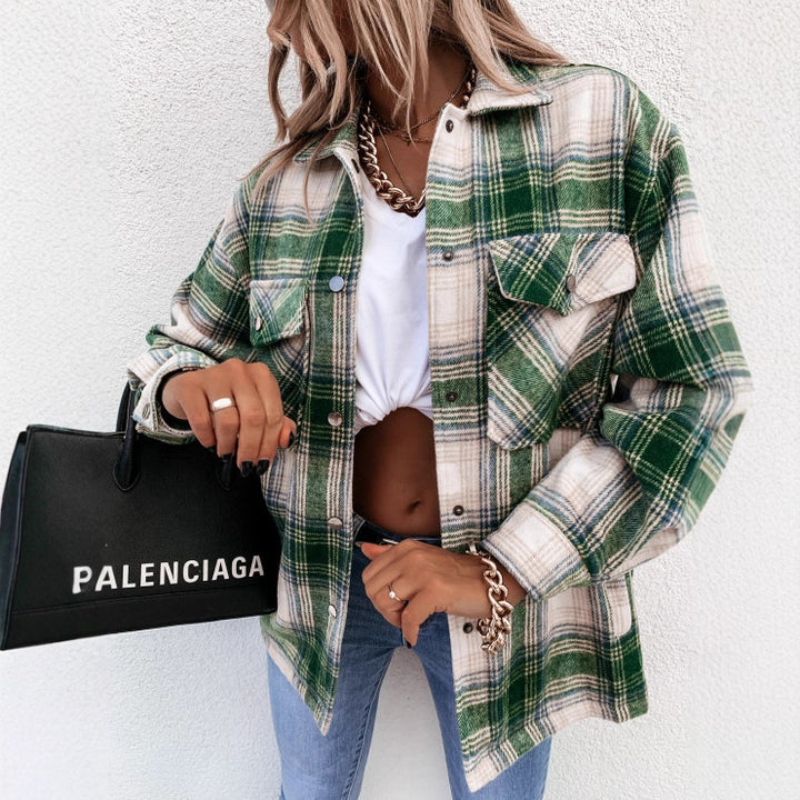 Plaid overshirt jacket for women with a relaxed fit and practical pockets Lune London