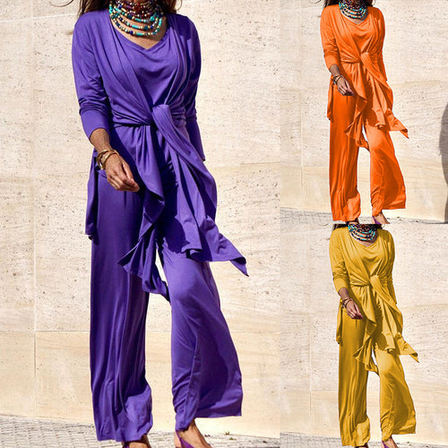 Casual set for women consisting of a long sleeve top and wide leg pants Lune London