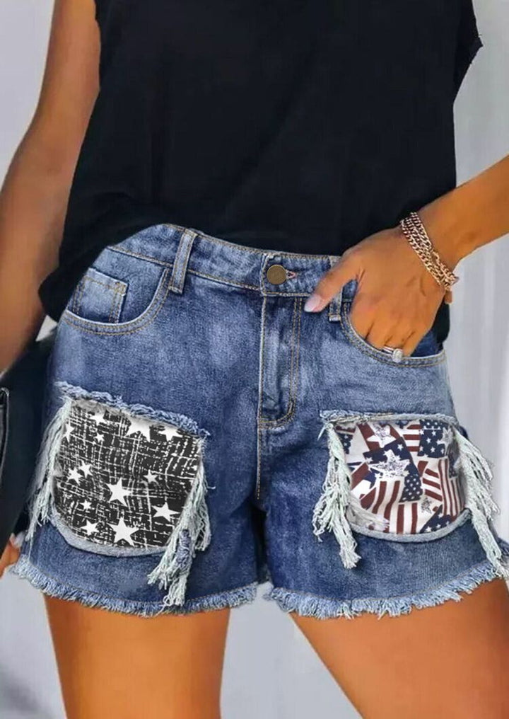 Women Destroyed Denim Shorts with frayed pockets and trendy patches Lune London