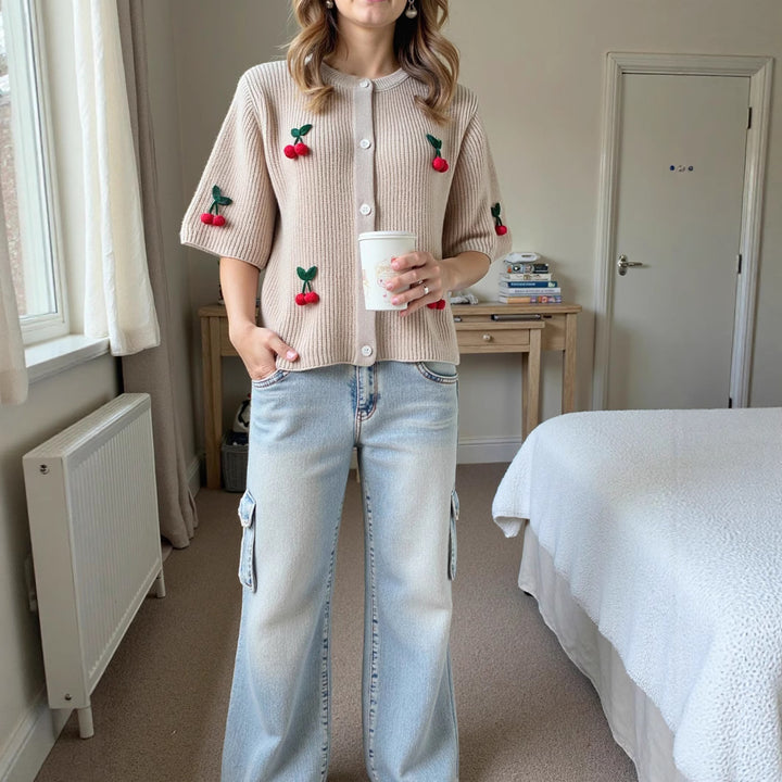 Women's knitted jacket with decorative cherry pattern and pockets Lune London
