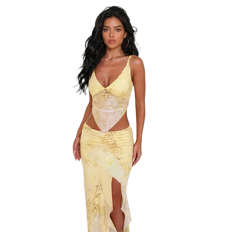 Ladies elegant wrap dress with transparent inserts and high slit