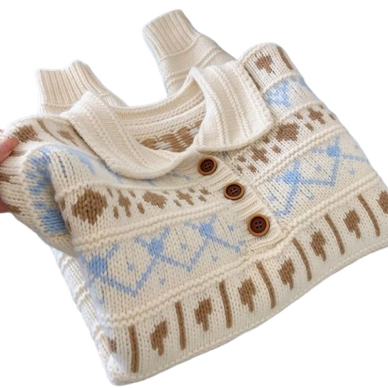 Ladies chunky knit sweater with a love pattern and a romantic collar Lune London