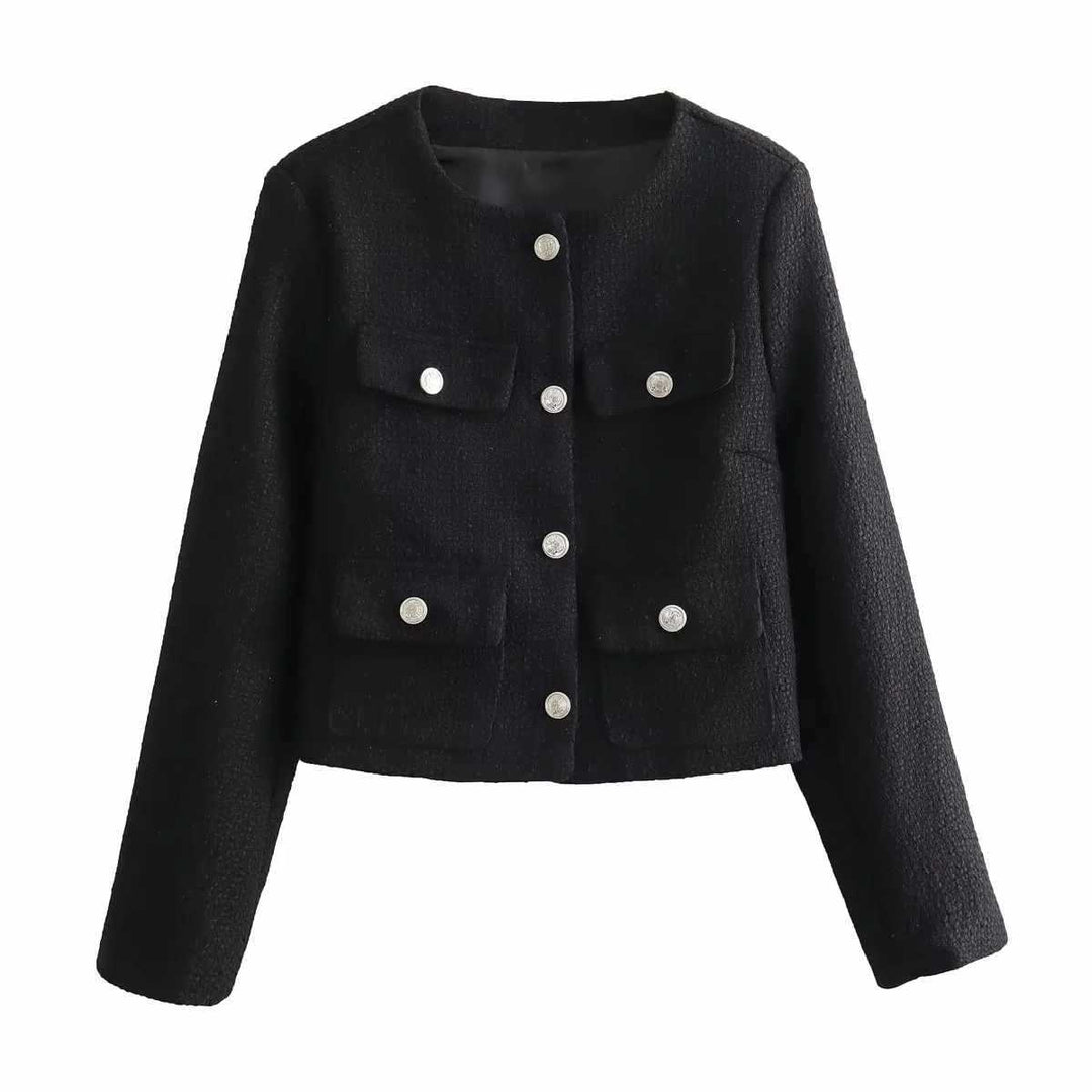 Fashionable tweed jacket for women with golden buttons and practical pockets Lune London