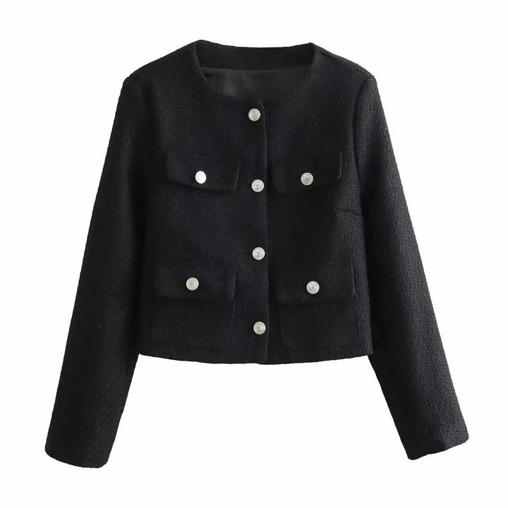 Fashionable tweed jacket for women with golden buttons and practical pockets Lune London