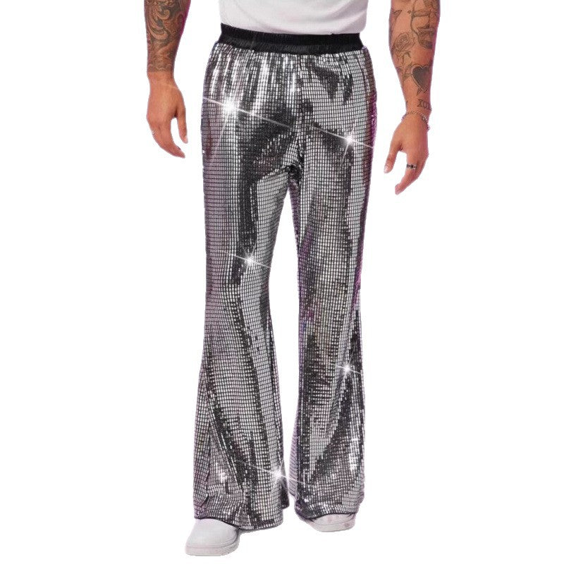 Men's glitter disco pants with wide leg and elastic waist Lune London