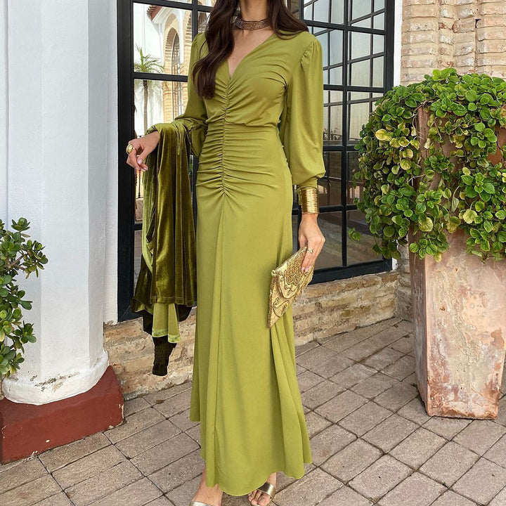 Elegant maxi dress with V-neck and gathers for ladies Lune London