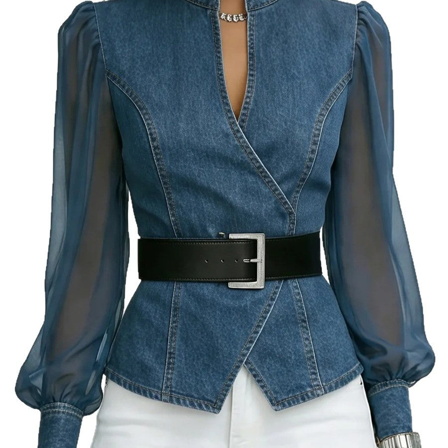 Women’s jeans blouse with transparent sleeves and tailored design Chic & Stil