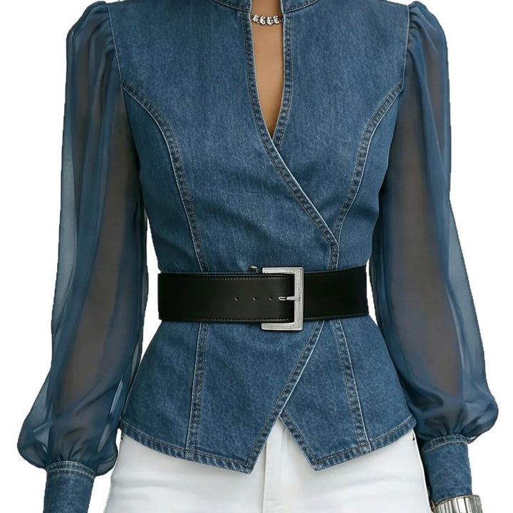 Women’s jeans blouse with transparent sleeves and tailored design Chic & Stil