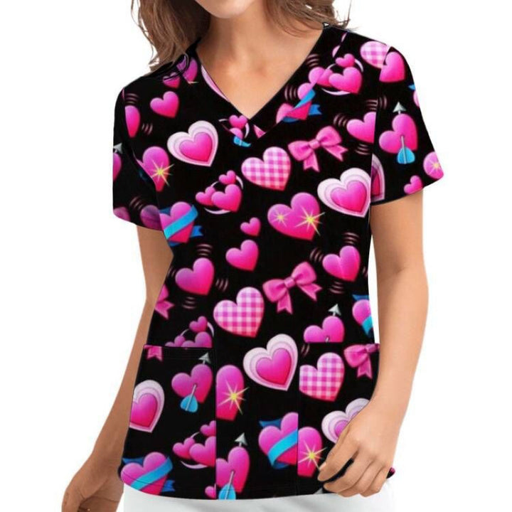 Women V Neck Heart Pattern Chic Medical Blouse and Style