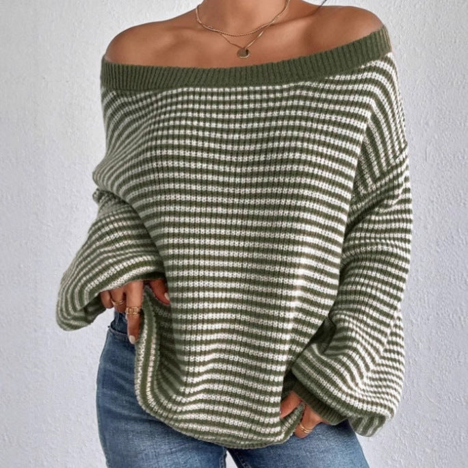 Oversized knitted sweater for women with V-neck design and striped pattern Lune London