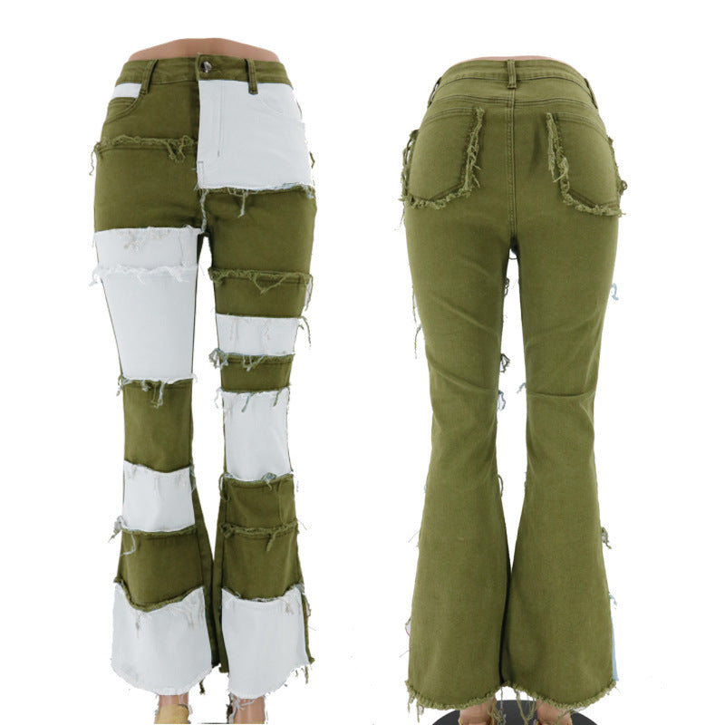 Women's bootcut jeans with a modern patchwork design and casual fringes Lune London