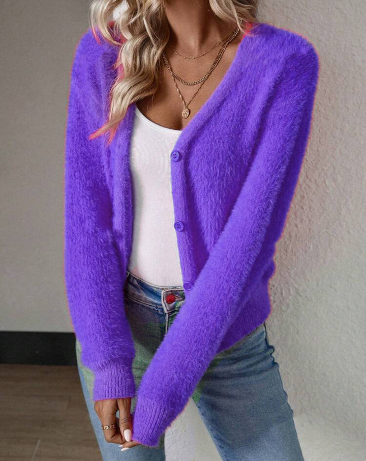 Ladies Soft V-Neck Sweater with Chic Button Detail and Style