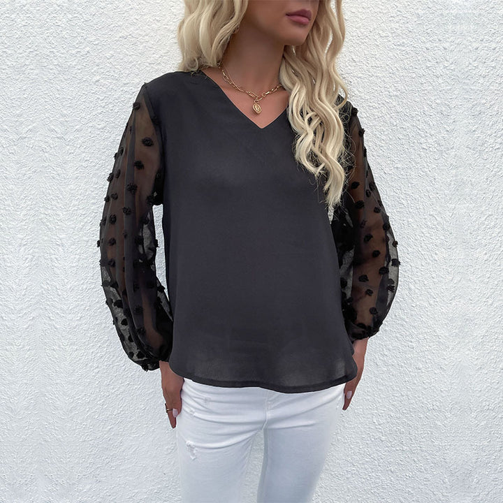 Women's V-neck blouse with transparent puff sleeves and polka dot details Lune London
