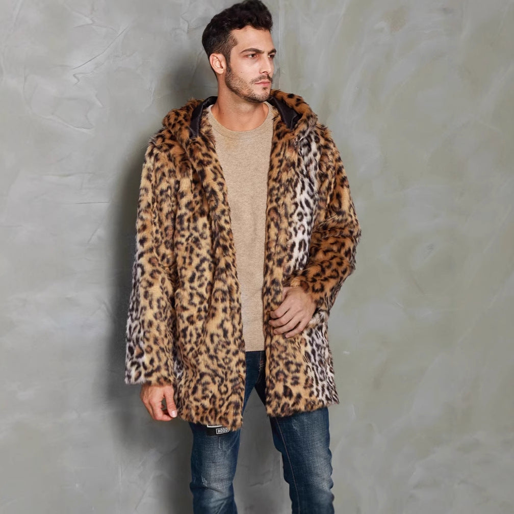 Luxurious faux fur coat for men with trendy leopard print Lune London