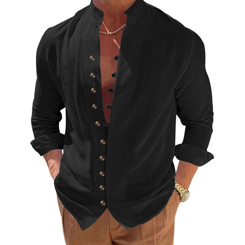 Fashionable long-sleeve shirt for men with a modern button design and a chic stand-up collar