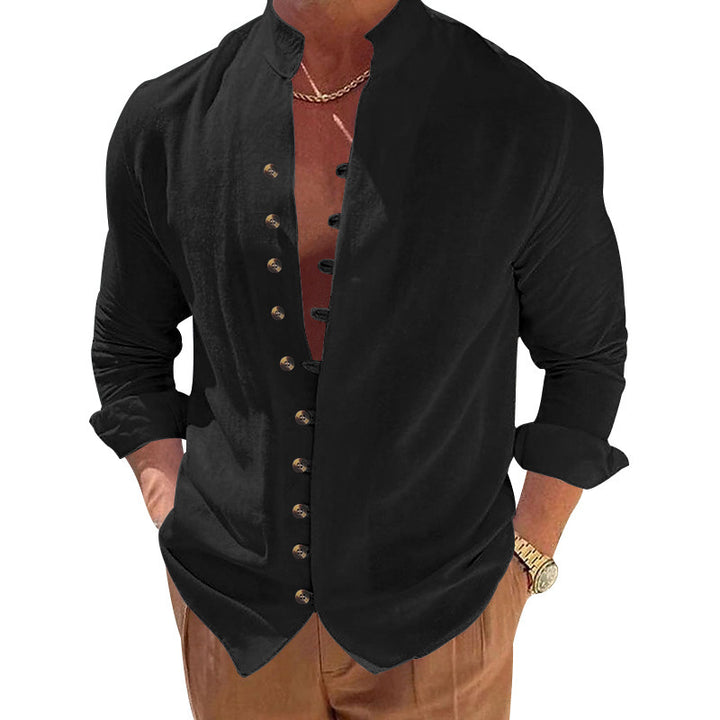 Fashionable long-sleeve shirt for men with a modern button design and a chic stand-up collar