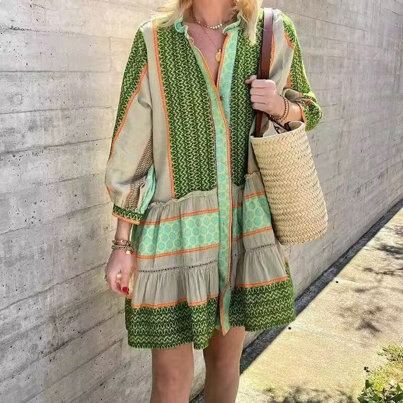 Long Sleeve Shirt Dress for Women with an Elegant Pattern and Ruffled Hem Lune London