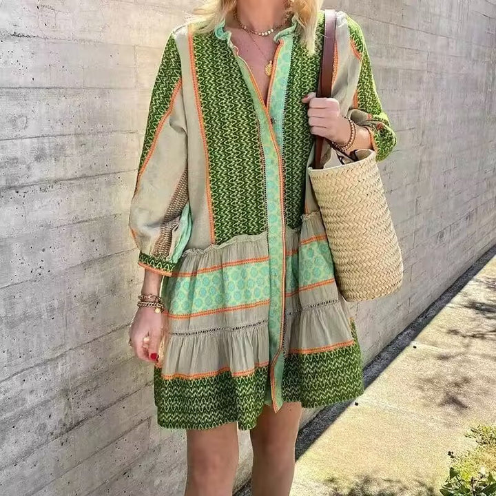 Long Sleeve Shirt Dress for Women with an Elegant Pattern and Ruffled Hem Lune London